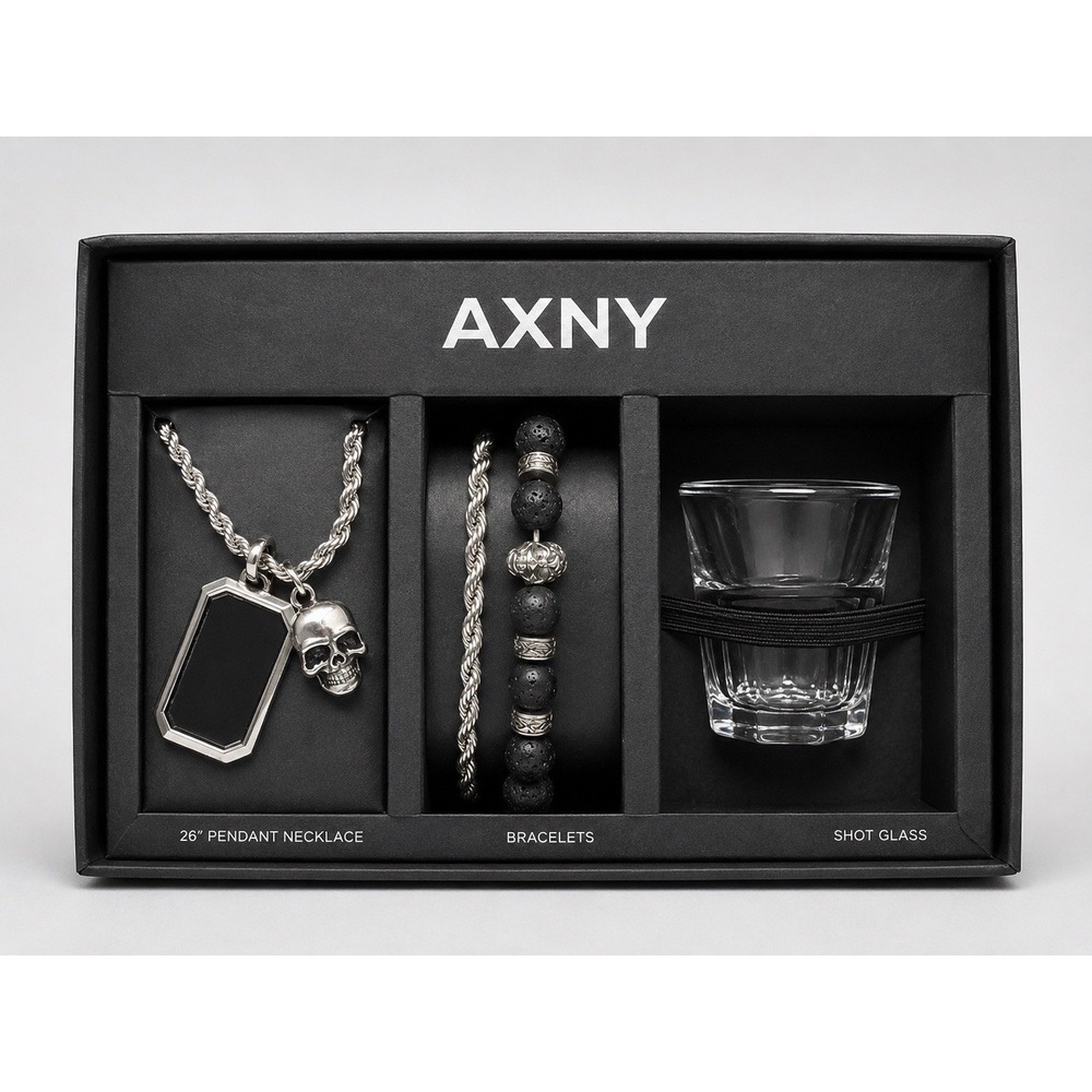 E0066-AXNY Men's Skull Necklace Bracelet Shot Glass Gift Set 26" Gothic Black N